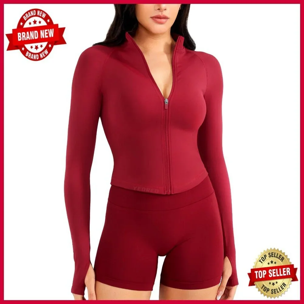 Cropped Athletic Jacket with Thumb Holes, Full Zip, Compression Fit